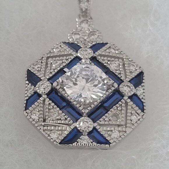 NWT-Silver Sapphire CZ Necklace-Silver 16" Chain Beautiful Piece! -Read Descript - Picture 7 of 9